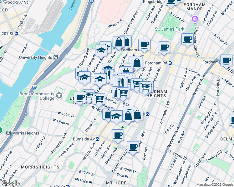map of restaurants, bars, coffee shops, grocery stores, and more near in The Bronx
