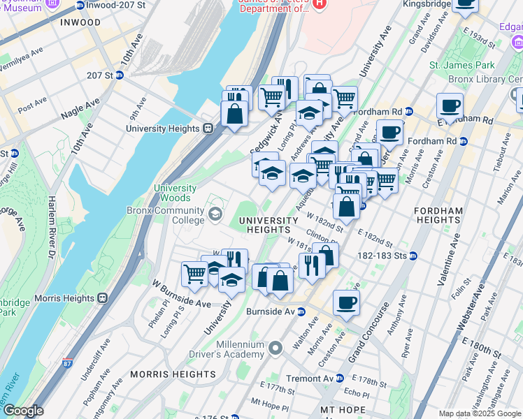 map of restaurants, bars, coffee shops, grocery stores, and more near 2194 Andrews Avenue North in Bronx