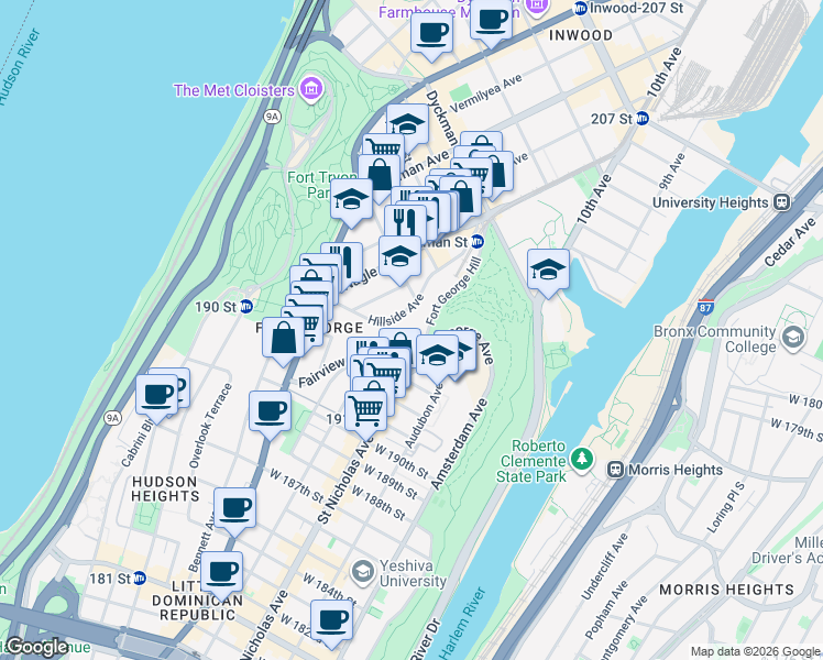 map of restaurants, bars, coffee shops, grocery stores, and more near 17 Fort George Hill in New York