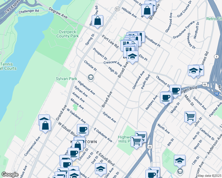 map of restaurants, bars, coffee shops, grocery stores, and more near 222 Christie Street in Leonia