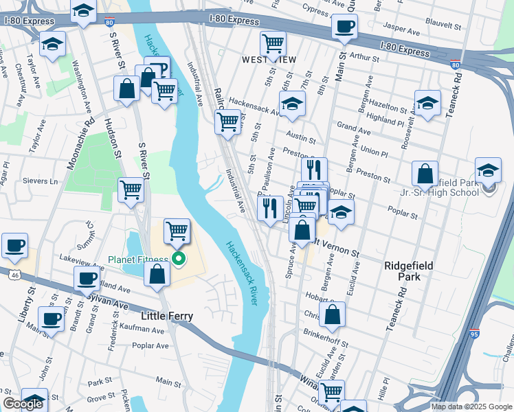 map of restaurants, bars, coffee shops, grocery stores, and more near 24 Paulison Avenue in Ridgefield Park