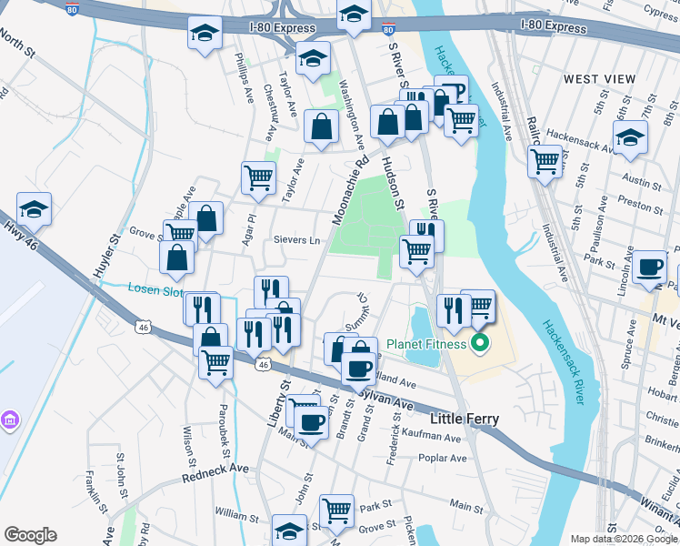map of restaurants, bars, coffee shops, grocery stores, and more near 462 Liberty Street in Little Ferry