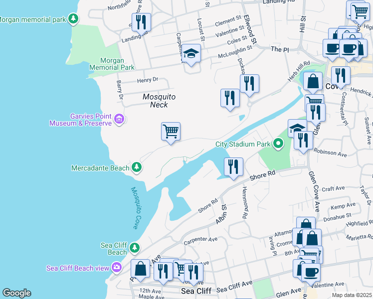 map of restaurants, bars, coffee shops, grocery stores, and more near 100 Garvies Point Road in Glen Cove