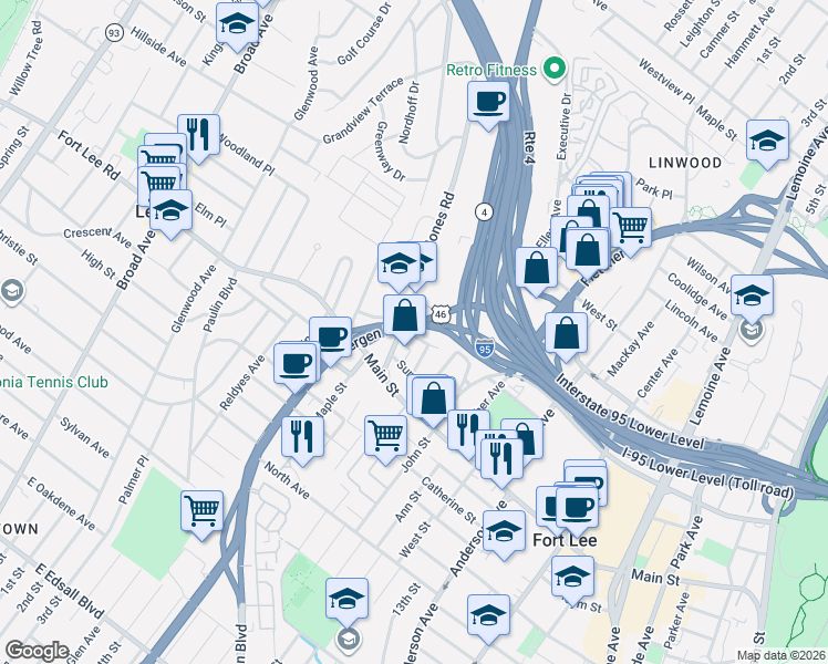 map of restaurants, bars, coffee shops, grocery stores, and more near 541 Walnut Street in Fort Lee