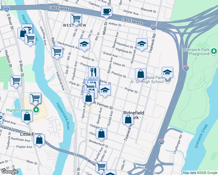map of restaurants, bars, coffee shops, grocery stores, and more near 53 Poplar Street in Ridgefield Park