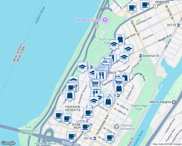 map of restaurants, bars, coffee shops, grocery stores, and more near 730 Fort Washington Avenue in New York