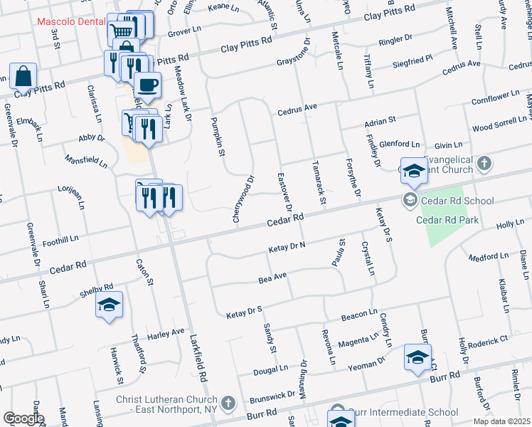map of restaurants, bars, coffee shops, grocery stores, and more near 131 Cedar Road in East Northport