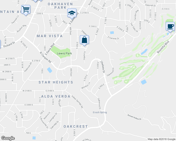 map of restaurants, bars, coffee shops, grocery stores, and more near 2800 South 525 East in Bountiful
