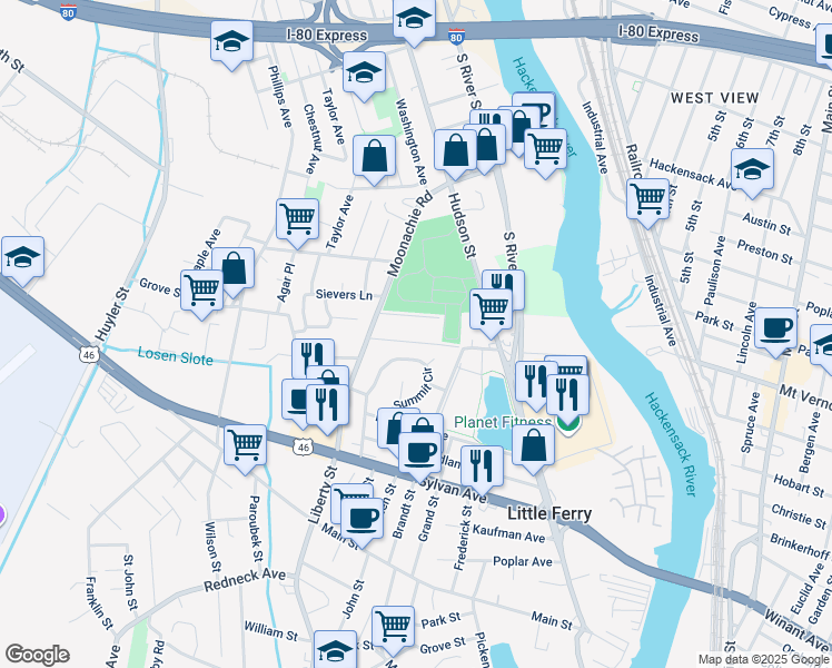 map of restaurants, bars, coffee shops, grocery stores, and more near 462 Liberty Street in Little Ferry