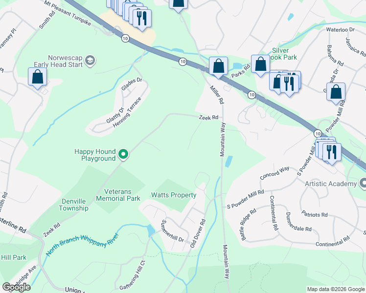 map of restaurants, bars, coffee shops, grocery stores, and more near 7 Rocky Heights Road in Morris Plains