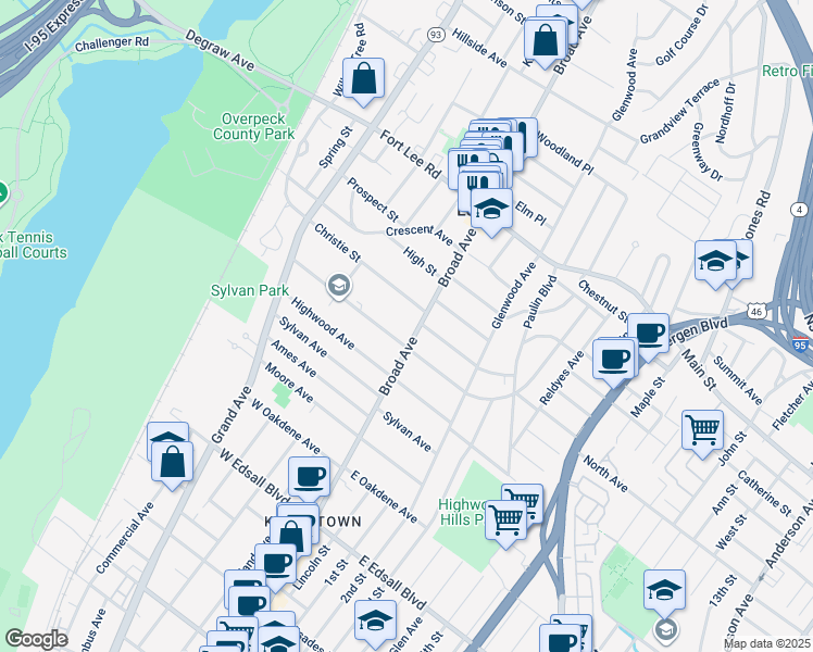map of restaurants, bars, coffee shops, grocery stores, and more near 222 Christie Street in Leonia