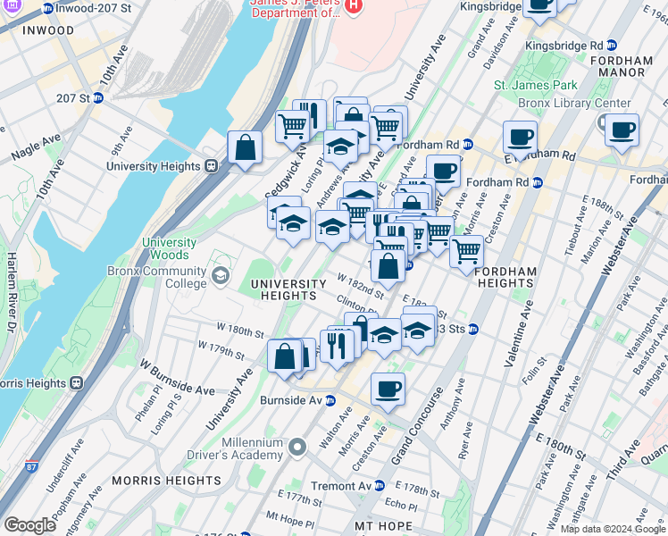 map of restaurants, bars, coffee shops, grocery stores, and more near 2200 Aqueduct Avenue East in Bronx