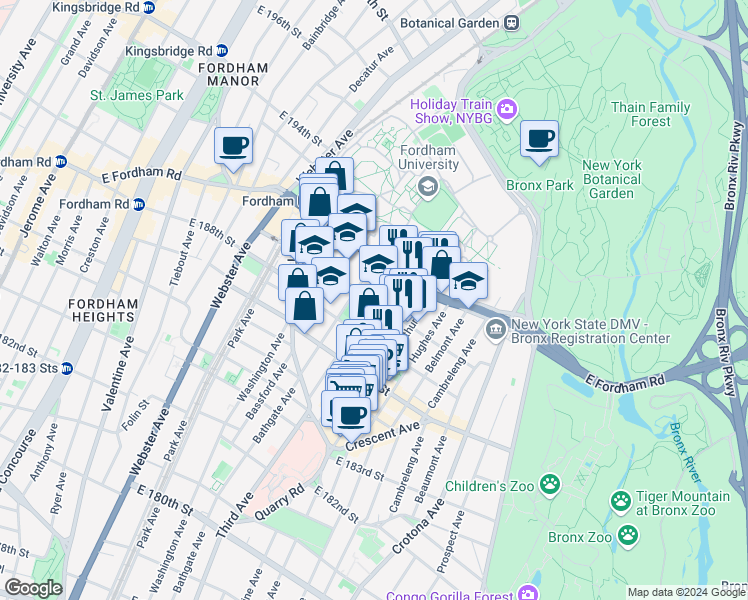 map of restaurants, bars, coffee shops, grocery stores, and more near East 189th Street & Lorillard Place in Bronx