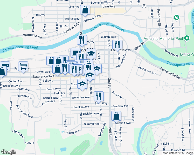 map of restaurants, bars, coffee shops, grocery stores, and more near 311 Lawrence Avenue in Ellwood City