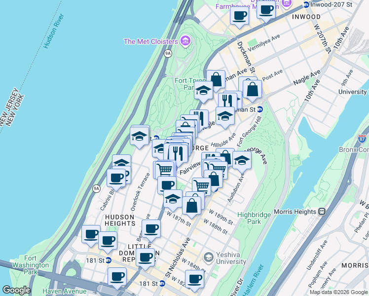 map of restaurants, bars, coffee shops, grocery stores, and more near Broadway & W 193rd St in New York