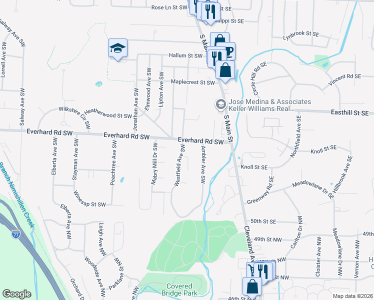 map of restaurants, bars, coffee shops, grocery stores, and more near 1520 Westfield Avenue Southwest in Canton