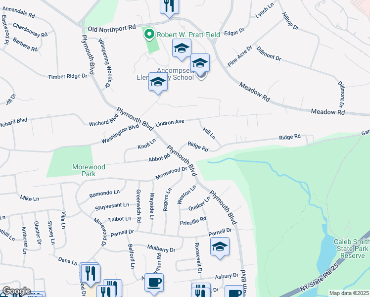 map of restaurants, bars, coffee shops, grocery stores, and more near 86 Ridge Road in Smithtown