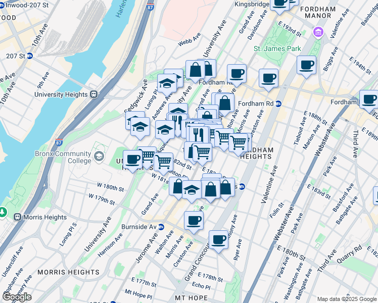 map of restaurants, bars, coffee shops, grocery stores, and more near 2265 Davidson Avenue in Bronx