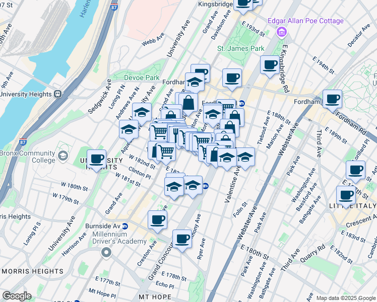 map of restaurants, bars, coffee shops, grocery stores, and more near 65 East 183rd Street in Bronx