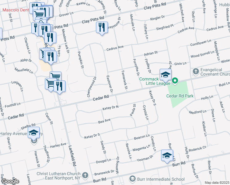 map of restaurants, bars, coffee shops, grocery stores, and more near 137 Cedar Road in East Northport