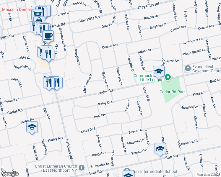 map of restaurants, bars, coffee shops, grocery stores, and more near 137 Cedar Road in East Northport