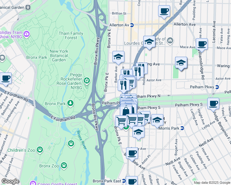 map of restaurants, bars, coffee shops, grocery stores, and more near Barker Ave & Reiss Pl in Bronx