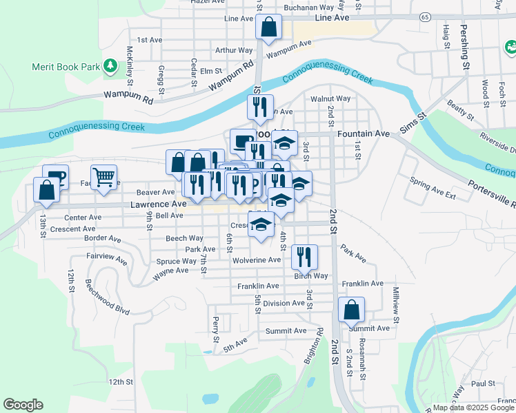 map of restaurants, bars, coffee shops, grocery stores, and more near 503 Lawrence Avenue in Ellwood City
