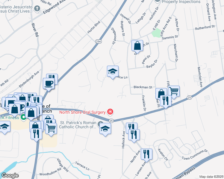 map of restaurants, bars, coffee shops, grocery stores, and more near 50 Dogwood Drive in Smithtown