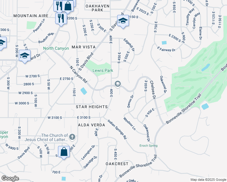 map of restaurants, bars, coffee shops, grocery stores, and more near 2830 South 450 East in Bountiful