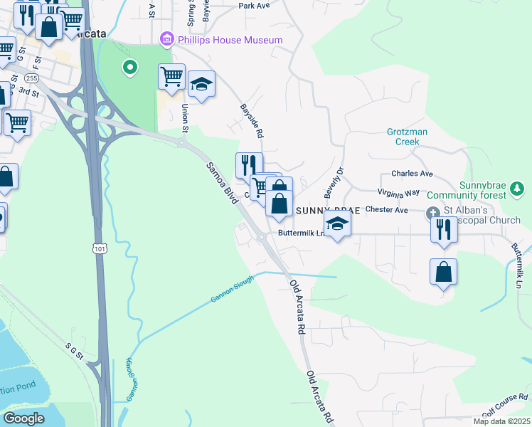 map of restaurants, bars, coffee shops, grocery stores, and more near 700 Bayside Road in Arcata