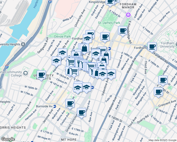 map of restaurants, bars, coffee shops, grocery stores, and more near 2301 Morris Avenue in Bronx