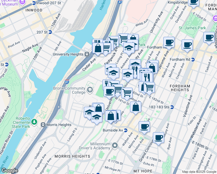 map of restaurants, bars, coffee shops, grocery stores, and more near 2194 Andrews Avenue North in Bronx