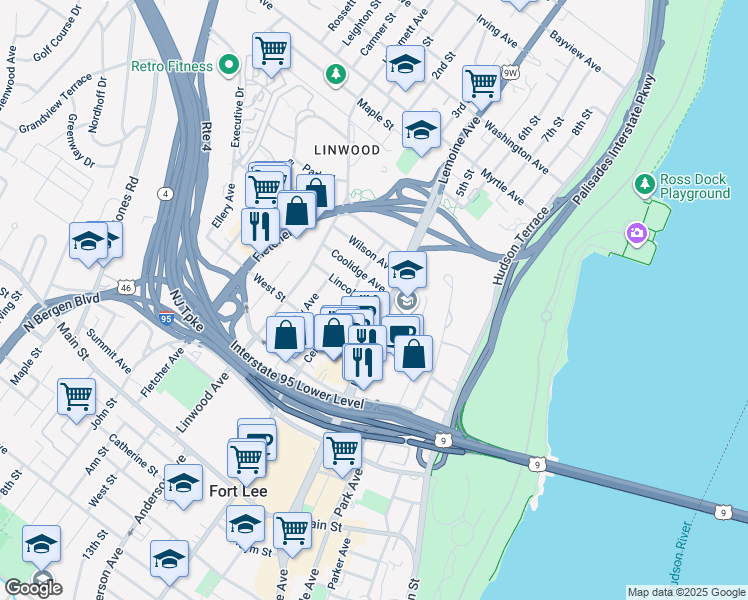 map of restaurants, bars, coffee shops, grocery stores, and more near 300 Coolidge Avenue in Fort Lee