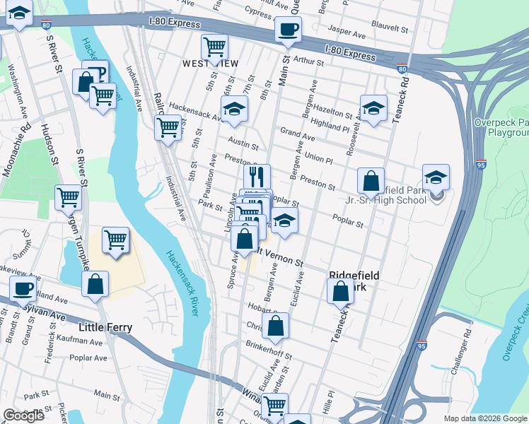 map of restaurants, bars, coffee shops, grocery stores, and more near 240 Main Street in Ridgefield Park