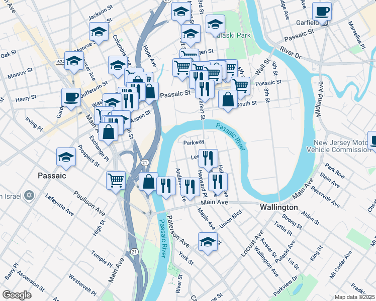 map of restaurants, bars, coffee shops, grocery stores, and more near 12 Maple Avenue in Wallington