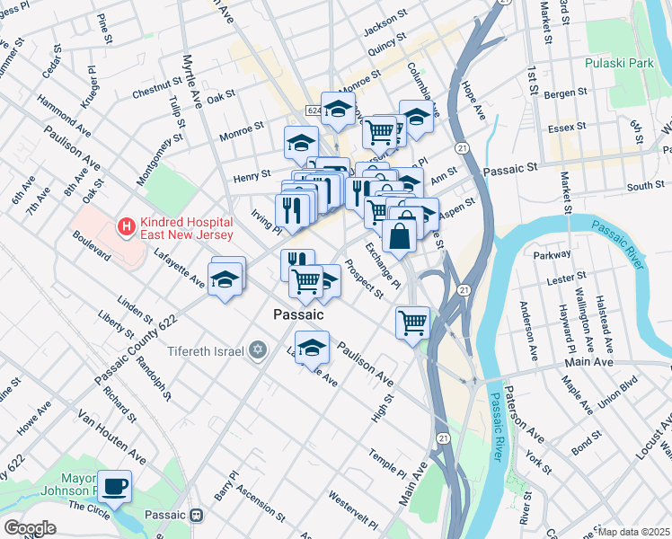 map of restaurants, bars, coffee shops, grocery stores, and more near 49 Passaic Avenue in Passaic