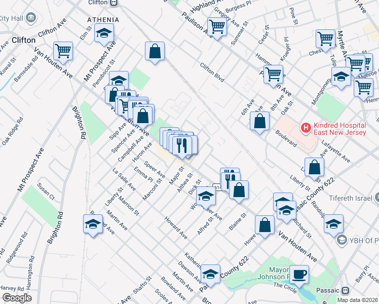 map of restaurants, bars, coffee shops, grocery stores, and more near 36 Grunwald Street in Clifton