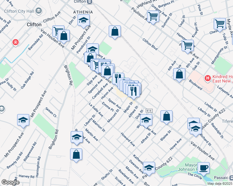 map of restaurants, bars, coffee shops, grocery stores, and more near 653 Van Houten Avenue in Clifton