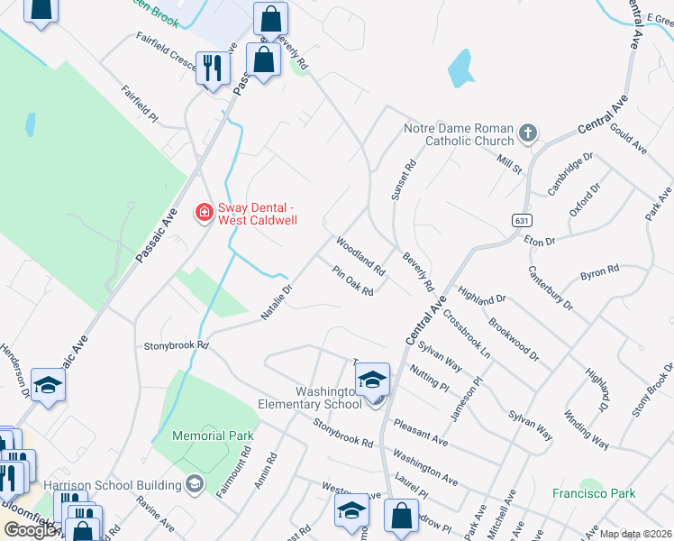 map of restaurants, bars, coffee shops, grocery stores, and more near 6 Pin Oak Road in West Caldwell