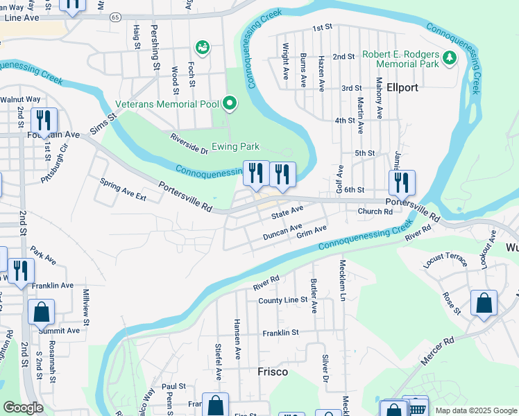 map of restaurants, bars, coffee shops, grocery stores, and more near 4 Dunn Street in Ellport