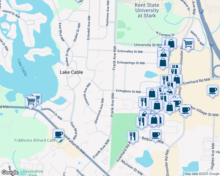 map of restaurants, bars, coffee shops, grocery stores, and more near 5319 Frank Avenue Northwest in North Canton