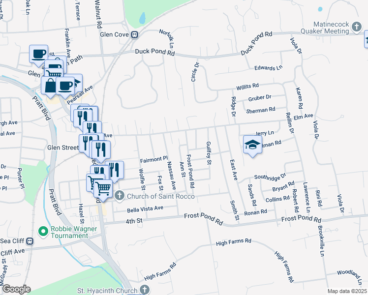 map of restaurants, bars, coffee shops, grocery stores, and more near 14 Frost Pond Road in Glen Cove