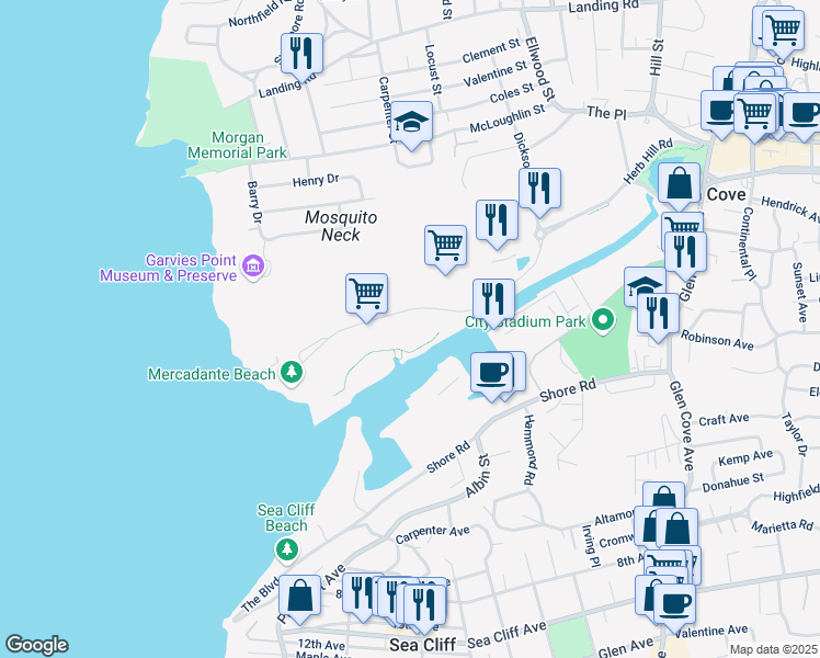 map of restaurants, bars, coffee shops, grocery stores, and more near 100 Garvies Point Road in Glen Cove