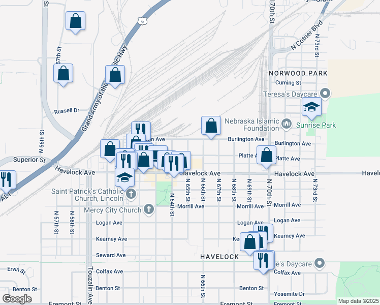 map of restaurants, bars, coffee shops, grocery stores, and more near 6500 Platte Avenue in Lincoln