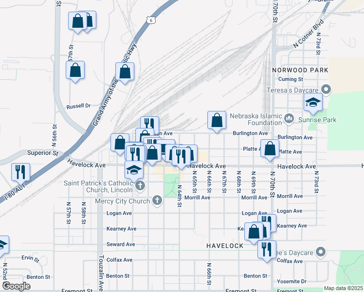 map of restaurants, bars, coffee shops, grocery stores, and more near 6400 Platte Avenue in Lincoln