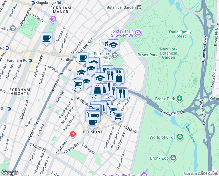 map of restaurants, bars, coffee shops, grocery stores, and more near 580E East Fordham Road in The Bronx