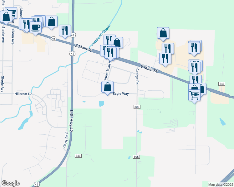 map of restaurants, bars, coffee shops, grocery stores, and more near 1661 Eagle Way in Ashland