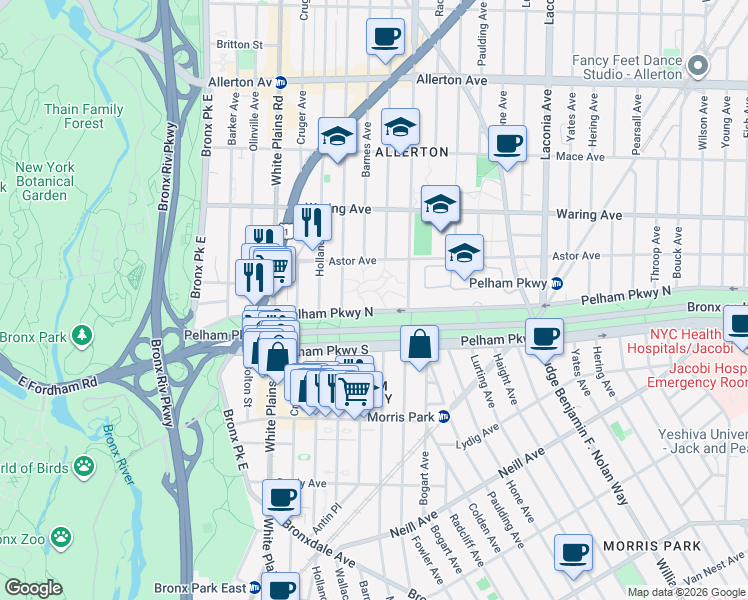 map of restaurants, bars, coffee shops, grocery stores, and more near 815 Pelham Parkway North in The Bronx