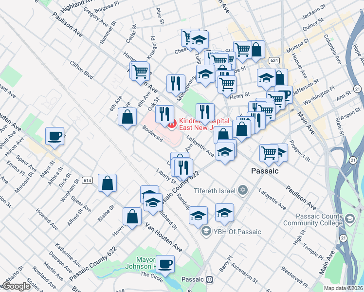 map of restaurants, bars, coffee shops, grocery stores, and more near 15 Crescent Place in Passaic
