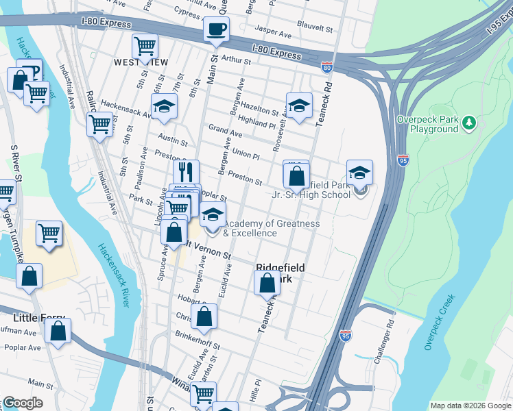 map of restaurants, bars, coffee shops, grocery stores, and more near 76 Poplar Street in Ridgefield Park